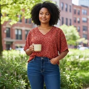 Feiersi Women’s Plus Size Boho Chiffon V-Neck Short Sleeve Blouse Size-XXXL NWT